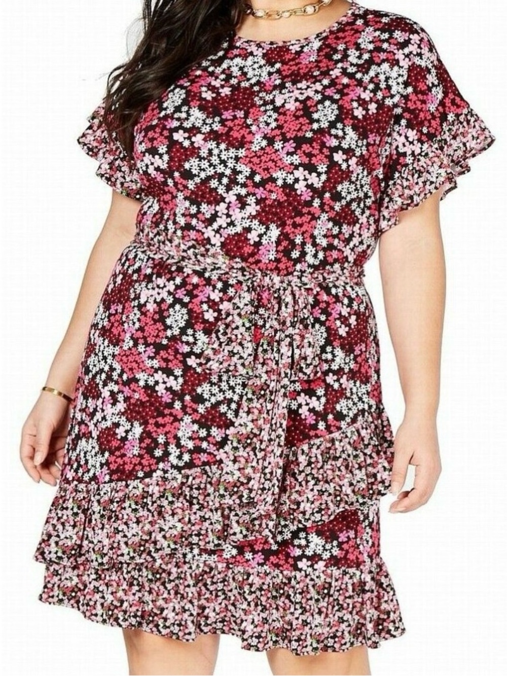 NWT Michael Kors Plus Size Ruffled Floral Print Mini-Midi Dress 1X - Picture 2 of 12